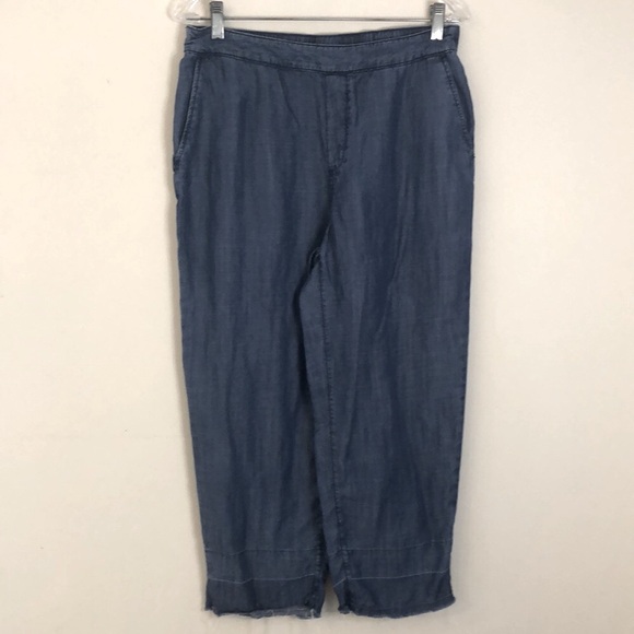 NIC+ZOE Indigo Denim crop pants casual soft elastic waist pockets raw hem SZ 8 - Picture 1 of 11